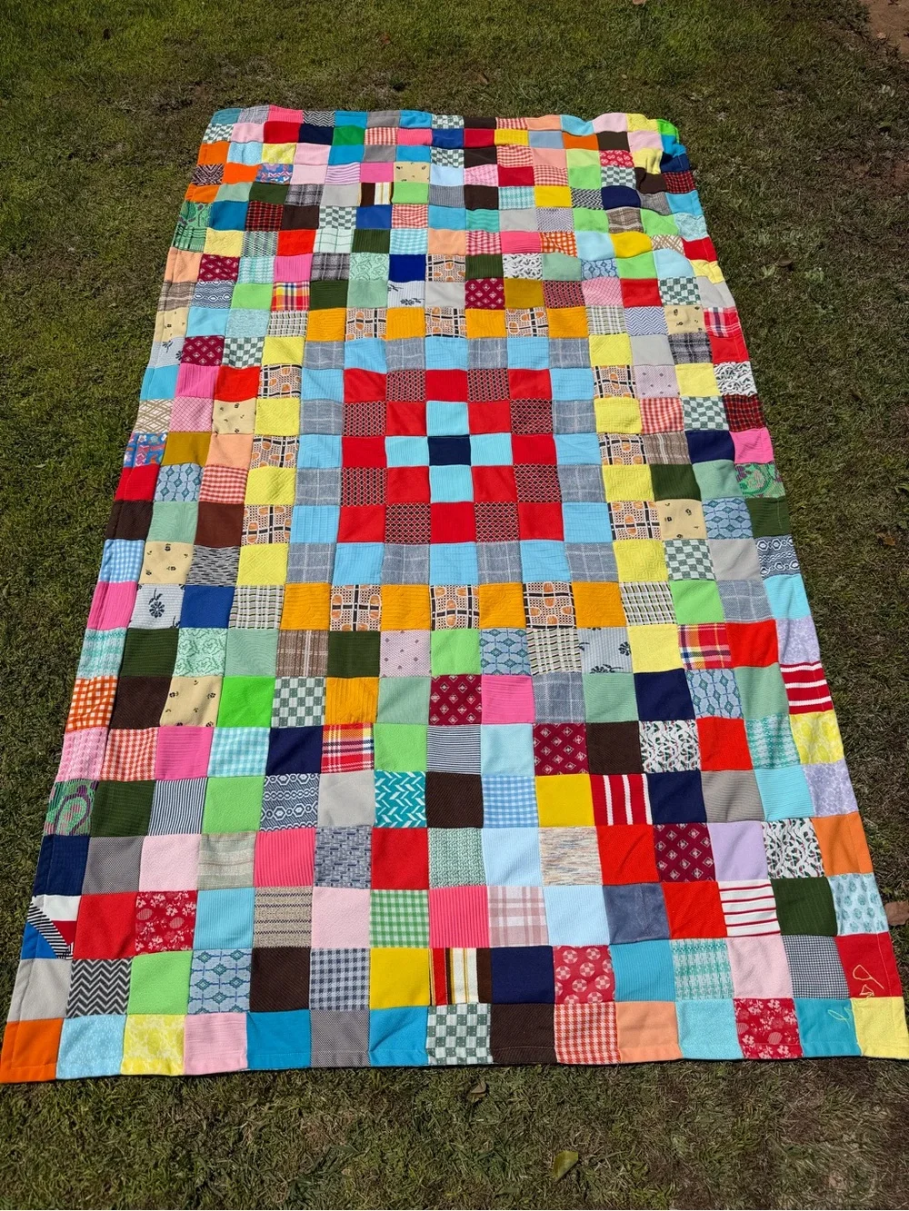 Vintage Double Knit Polyester Patchwork Scrap Quilt Bright Colorful Signed 46x81
